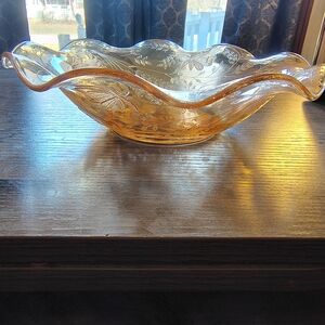 Vintage Amber Iridescent Etched Glass Bowl Ruffled Edge Elegant Floral
